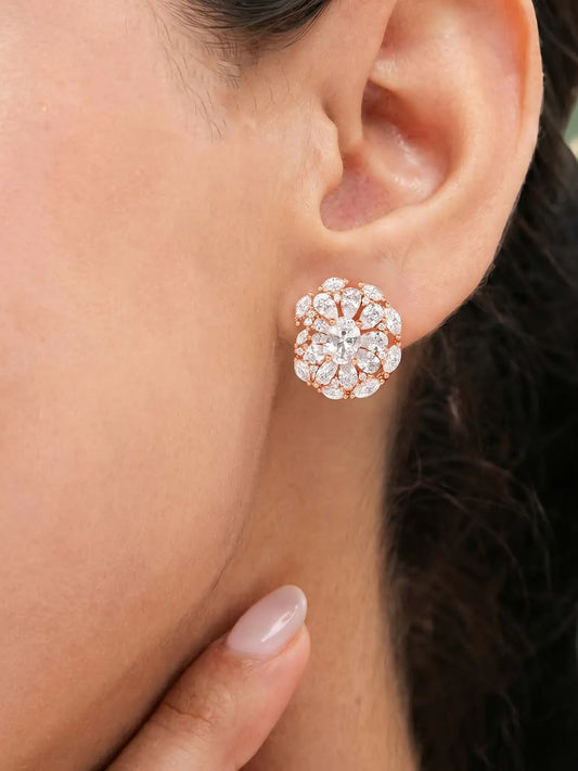 Peora Crystal Flower Stud Earrings - Rose Gold