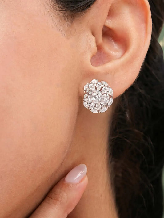 Peora Crystal Flower Stud Earrings - Silver