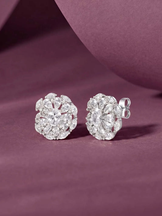 Peora Crystal Flower Stud Earrings - Silver