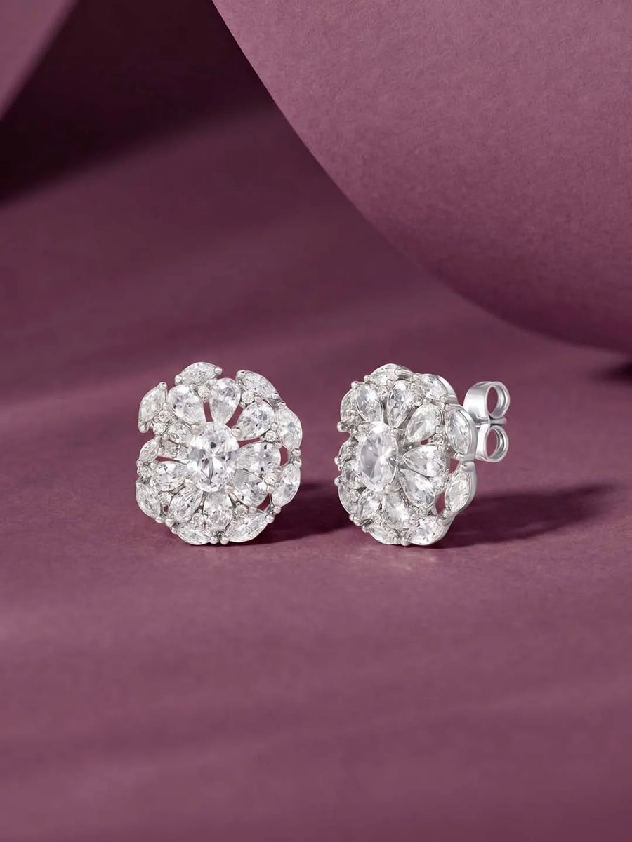 Peora Crystal Flower Stud Earrings - Silver