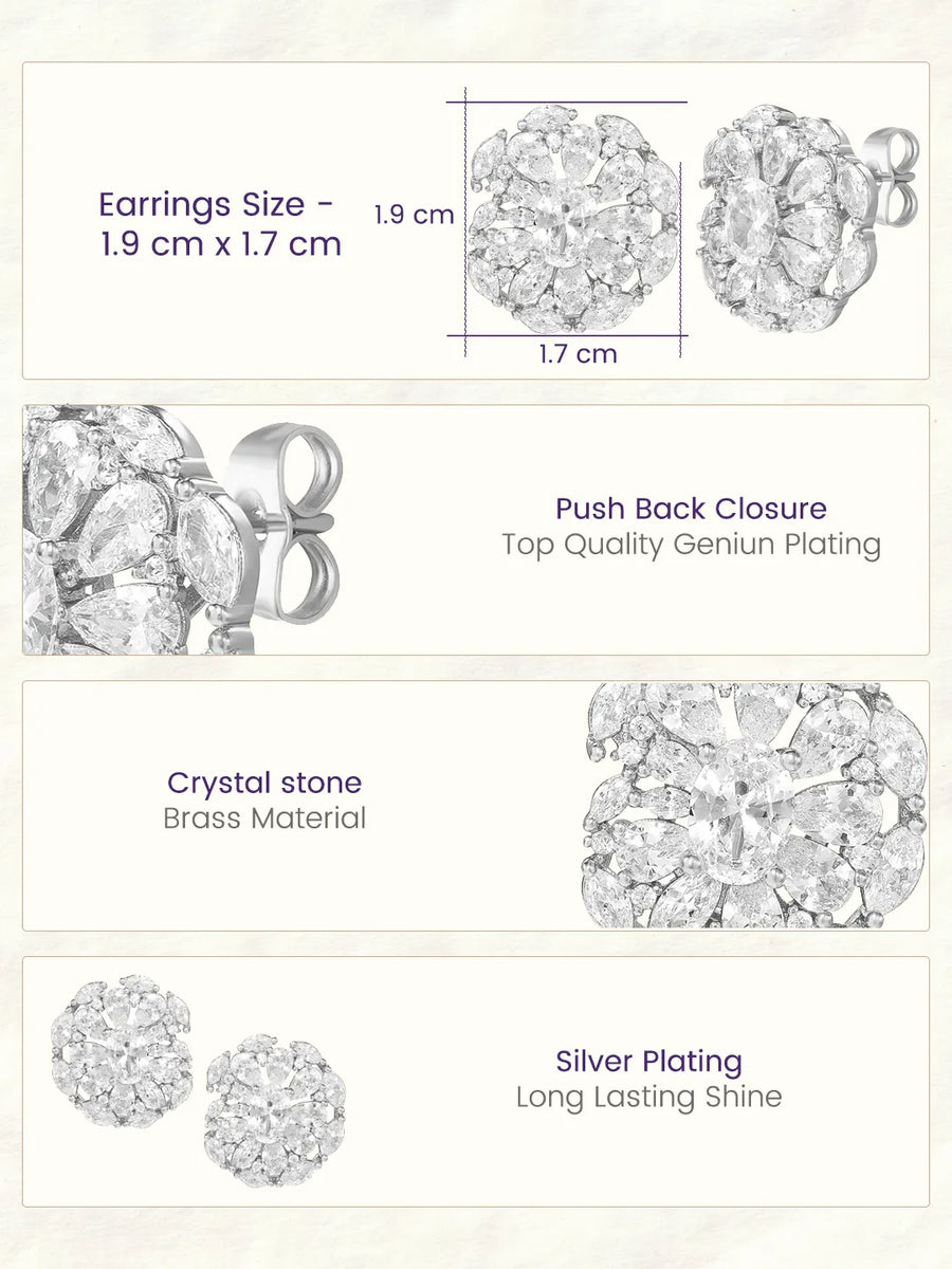 Peora Crystal Flower Stud Earrings - Silver