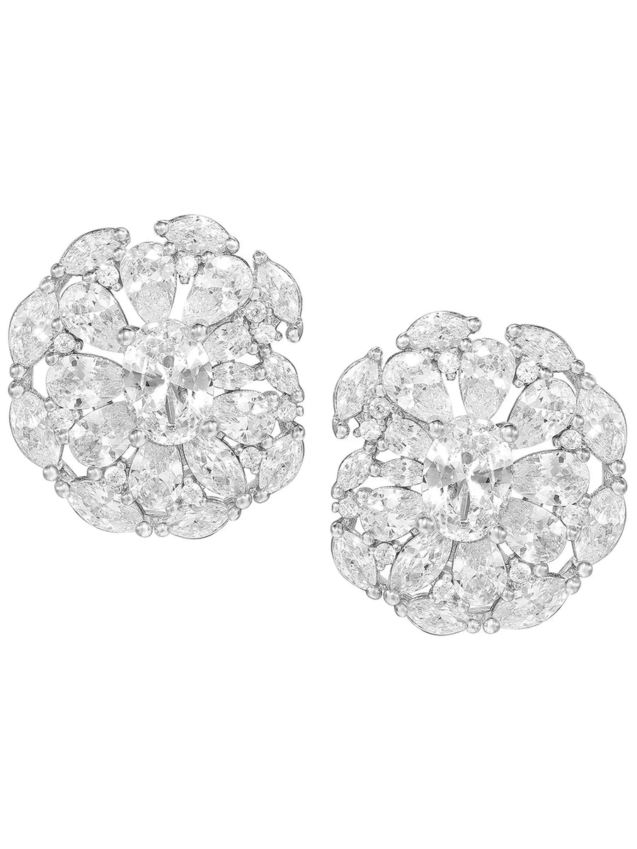 Peora Crystal Flower Stud Earrings - Silver