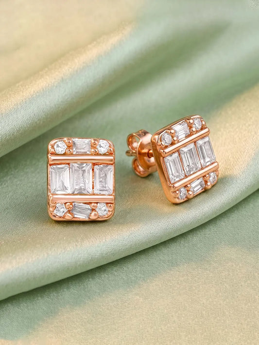 Peora Baguette Crystal Stud Earrings - Rose Gold