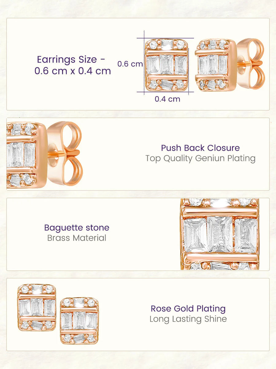 Peora Baguette Crystal Stud Earrings - Rose Gold