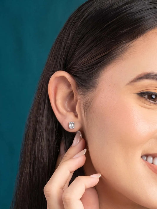 Peora Baguette Crystal Stud Earrings - Silver