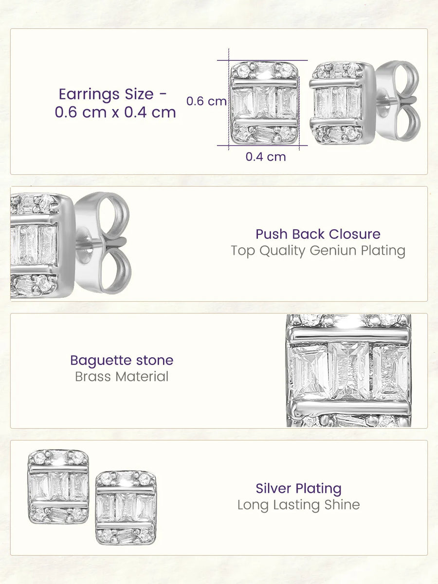 Peora Baguette Crystal Stud Earrings - Silver