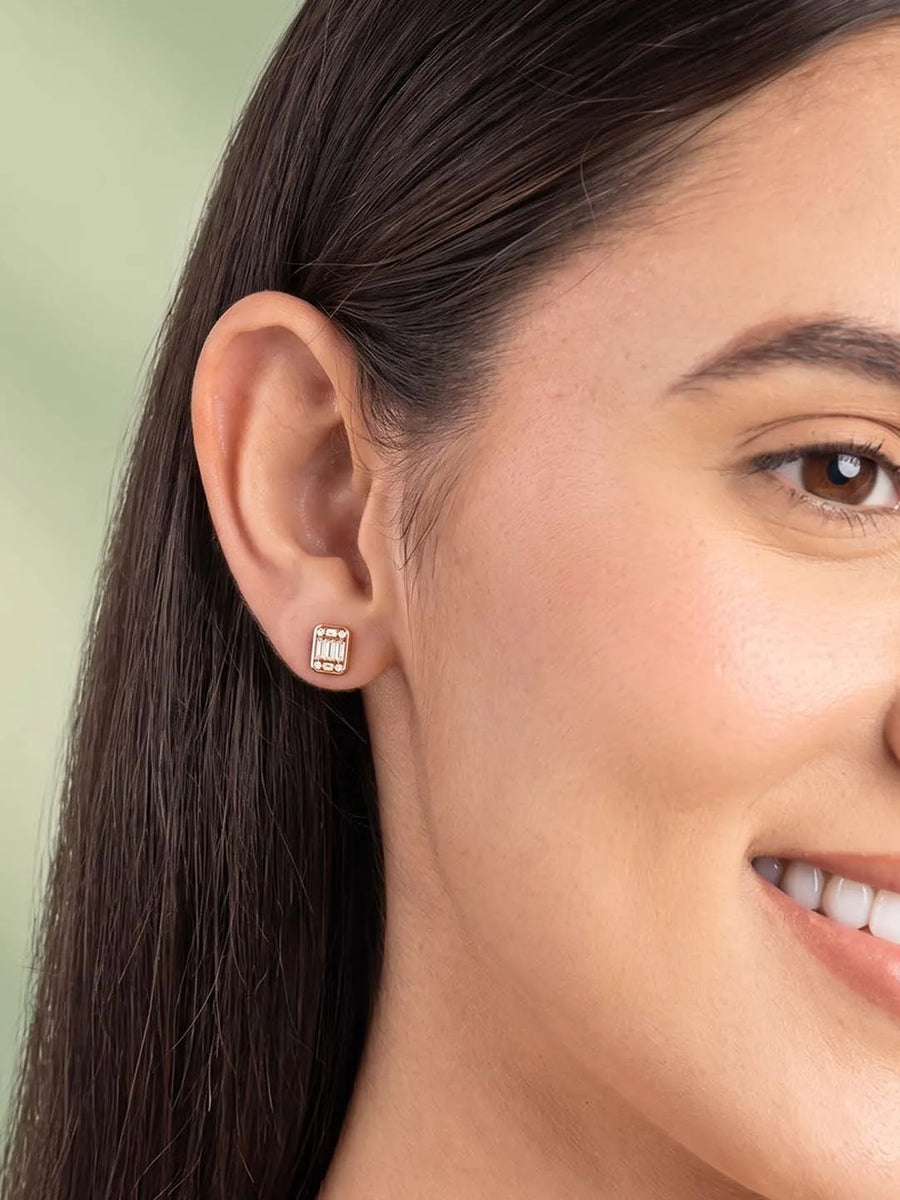 Peora Emerald Cut CZ Stud Earrings - Rose Gold