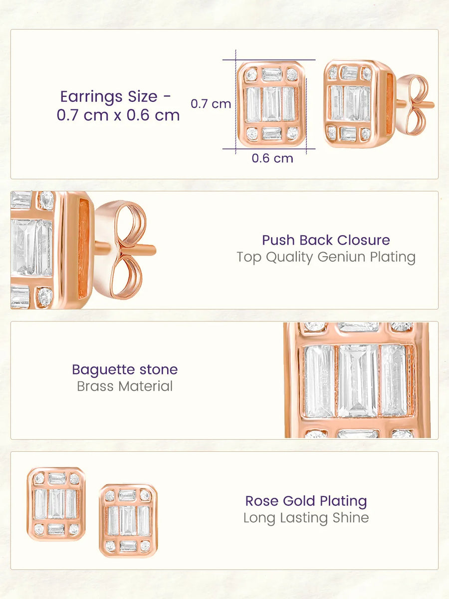 Peora Emerald Cut CZ Stud Earrings - Rose Gold