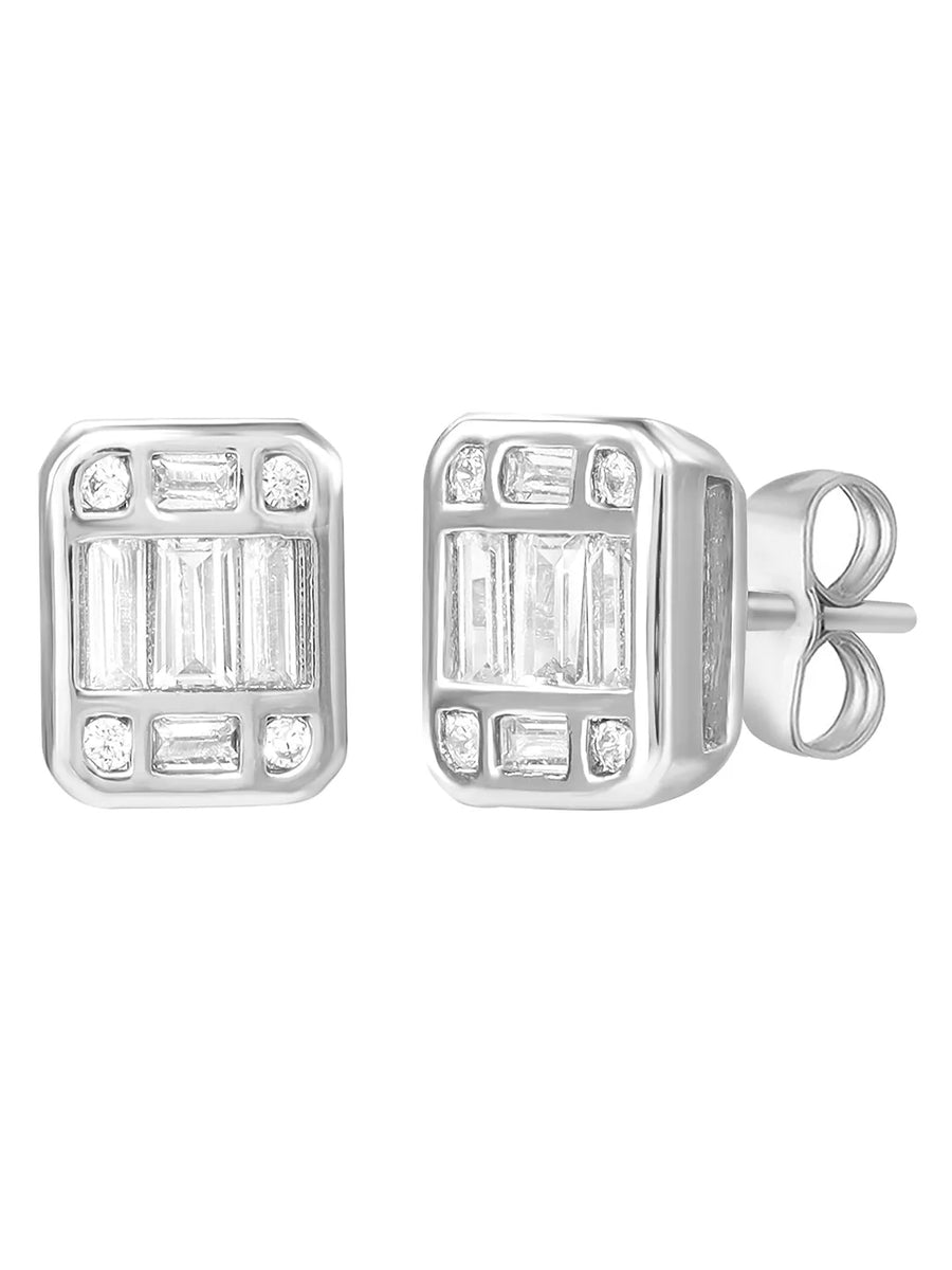 Peora Emerald Cut CZ Stud Earrings - Silver