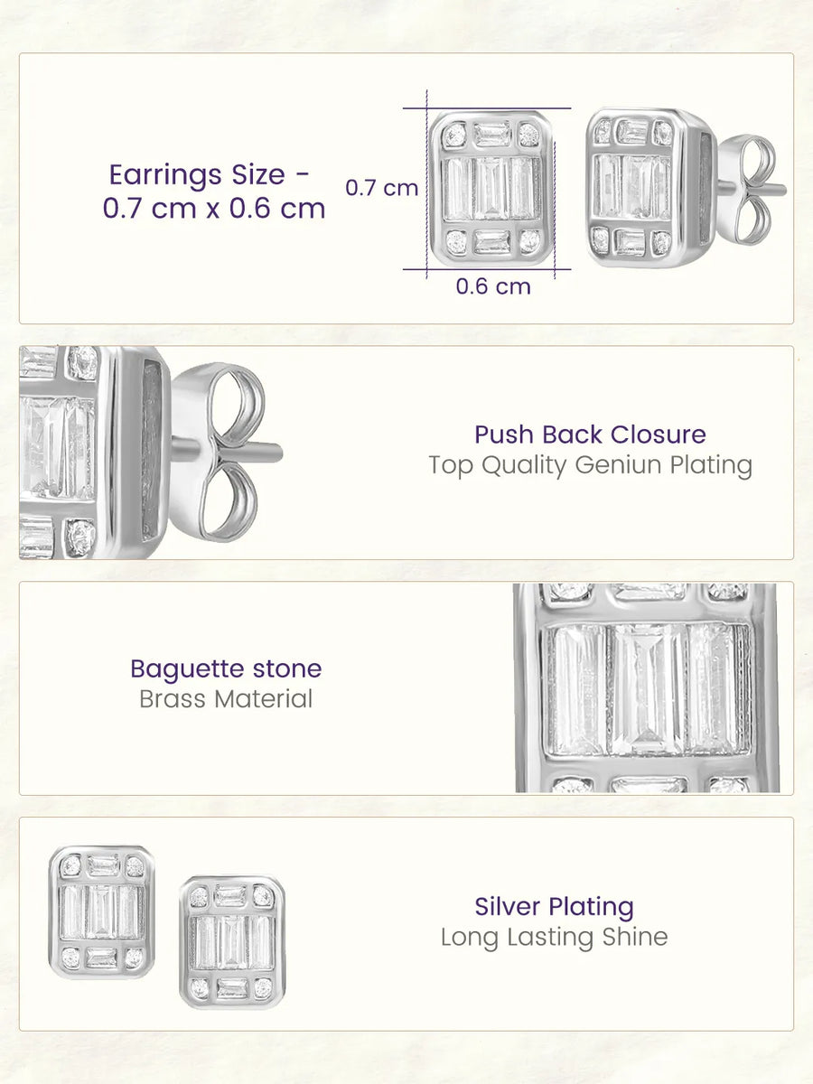 Peora Emerald Cut CZ Stud Earrings - Silver