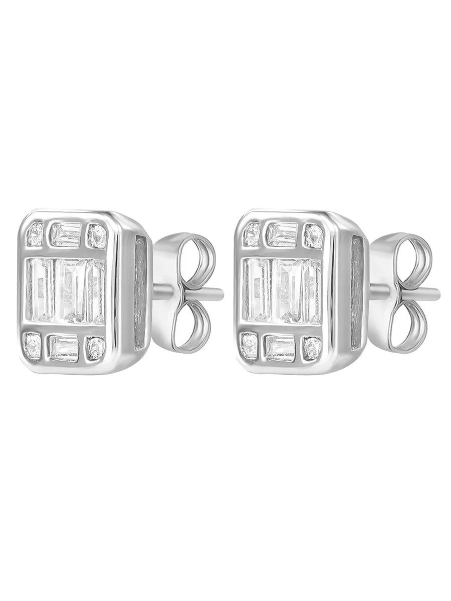 Peora Emerald Cut CZ Stud Earrings - Silver
