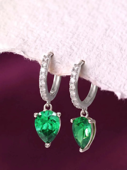 Peora Emerald CZ Hoop Earrings - Silver