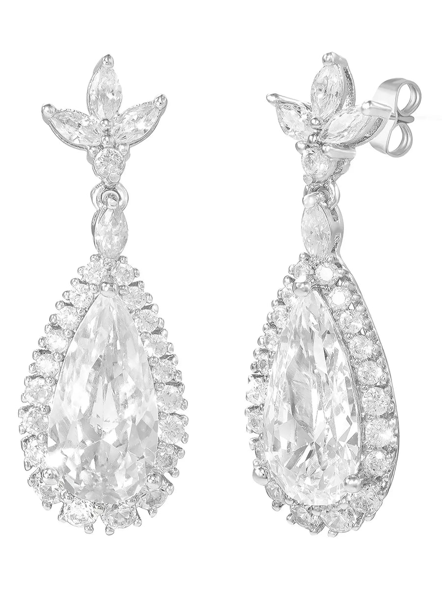 Peora Crystal Dewdrop Earrings - Silver