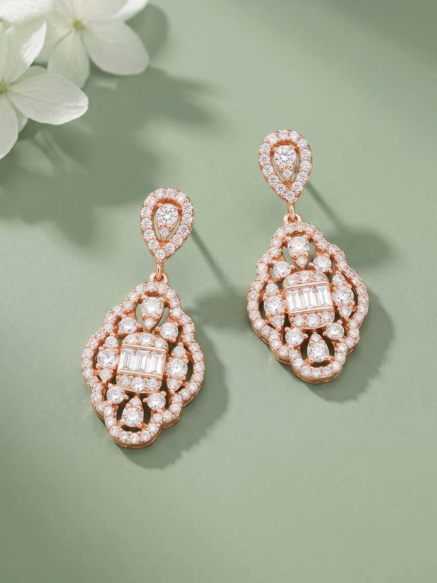 Peora Filigree CZ Dangle Earrings - Rose Gold