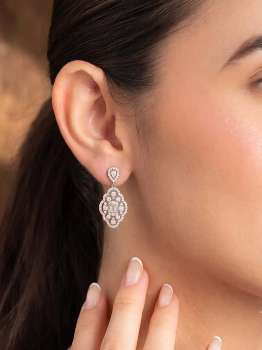 Peora Filigree CZ Dangle Earrings - Silver
