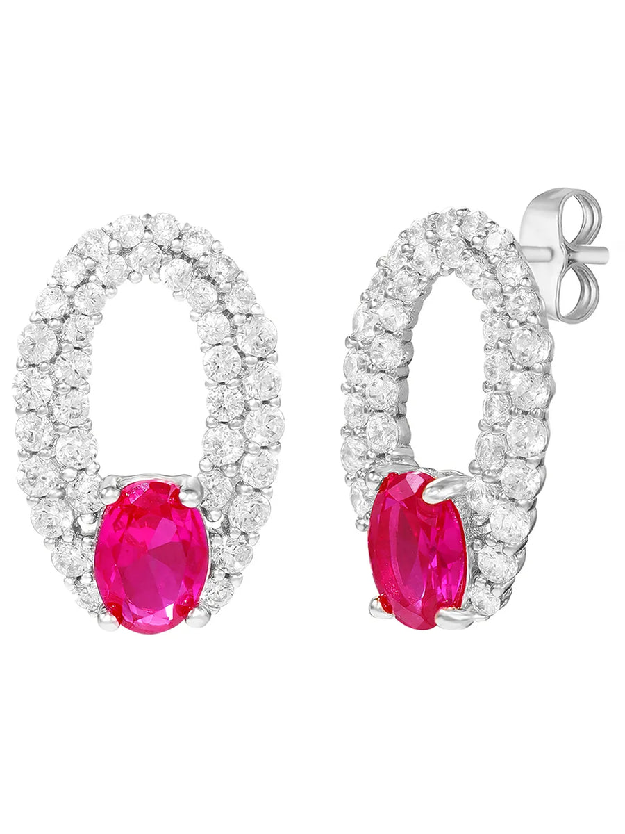 Peora Elegant Ruby Hoop Earrings - Silver