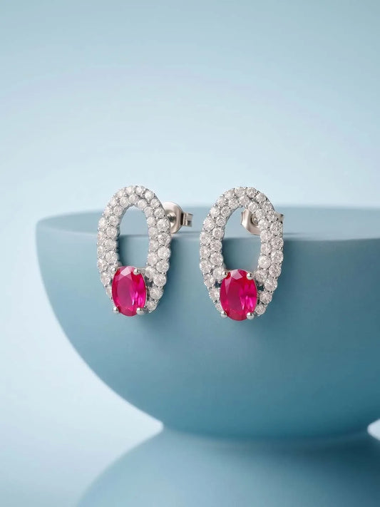 Peora Elegant Ruby Hoop Earrings - Silver