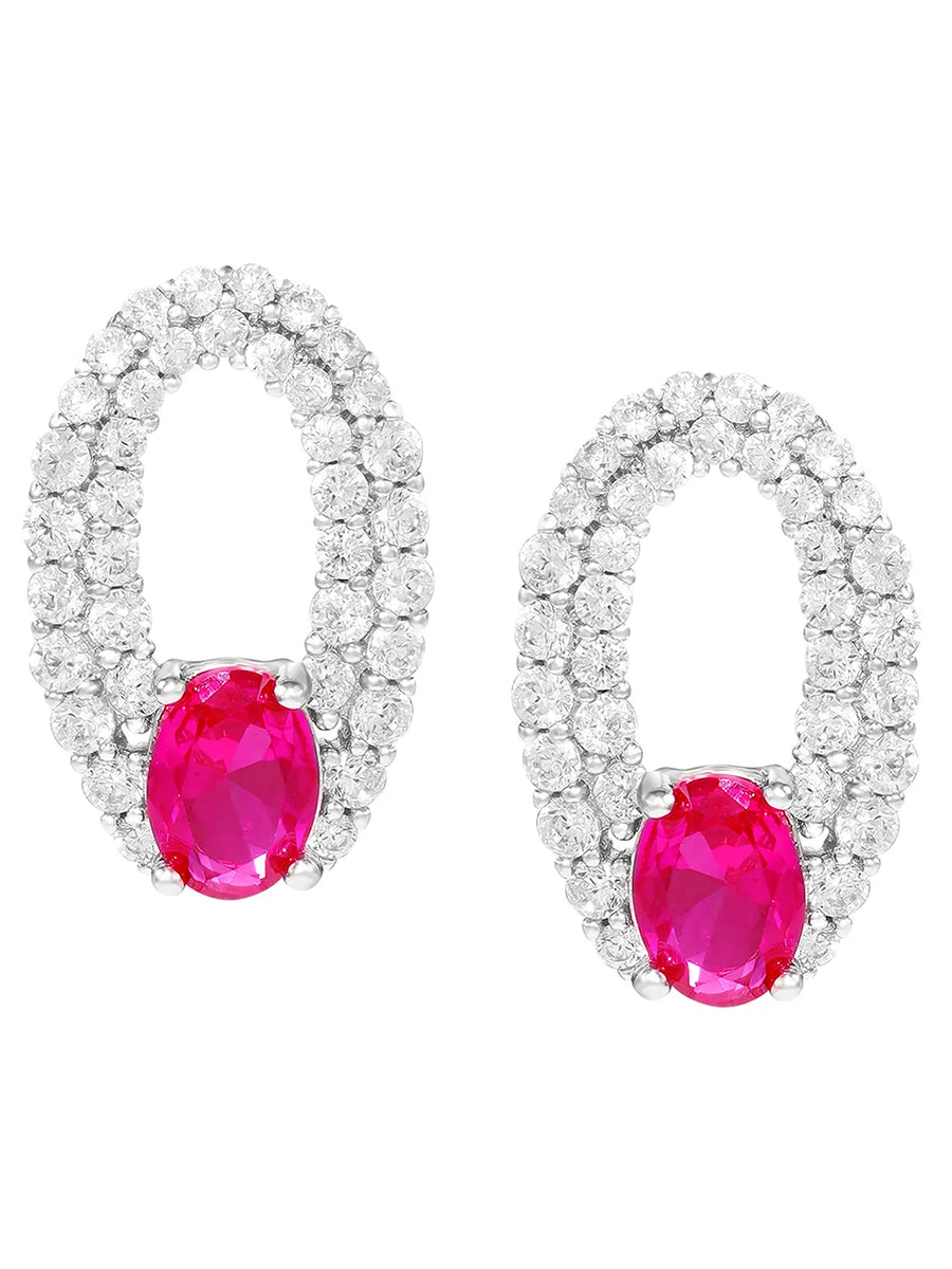 Peora Elegant Ruby Hoop Earrings - Silver