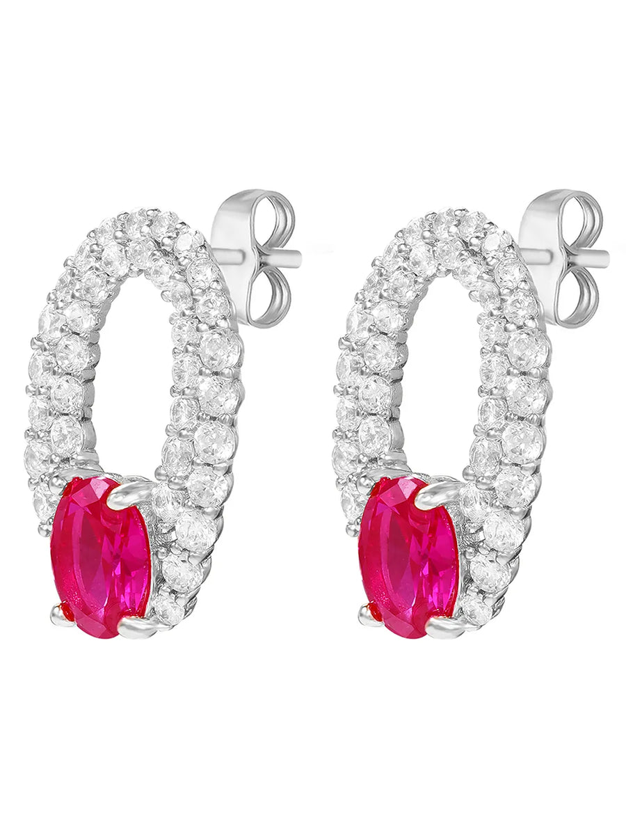 Peora Elegant Ruby Hoop Earrings - Silver