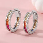 Peora Rhodium Plated Rainbow CZ Hoop Earrings