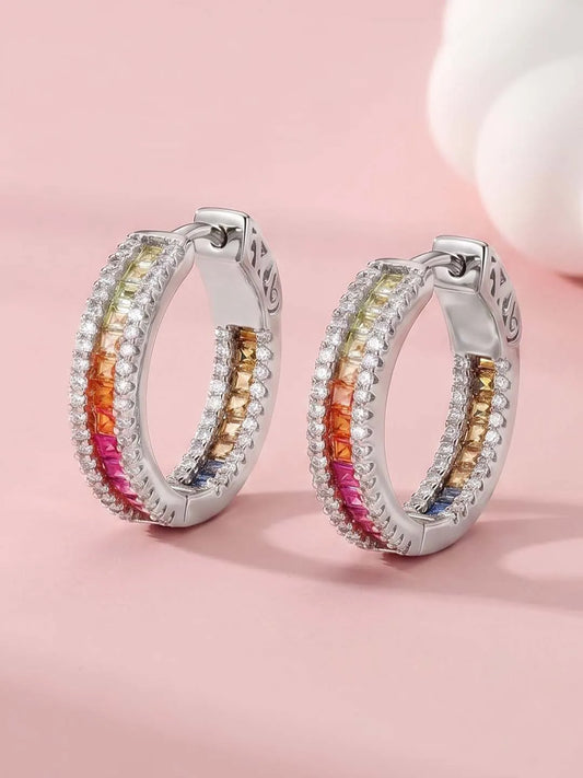 Peora Rhodium Plated Rainbow CZ Hoop Earrings
