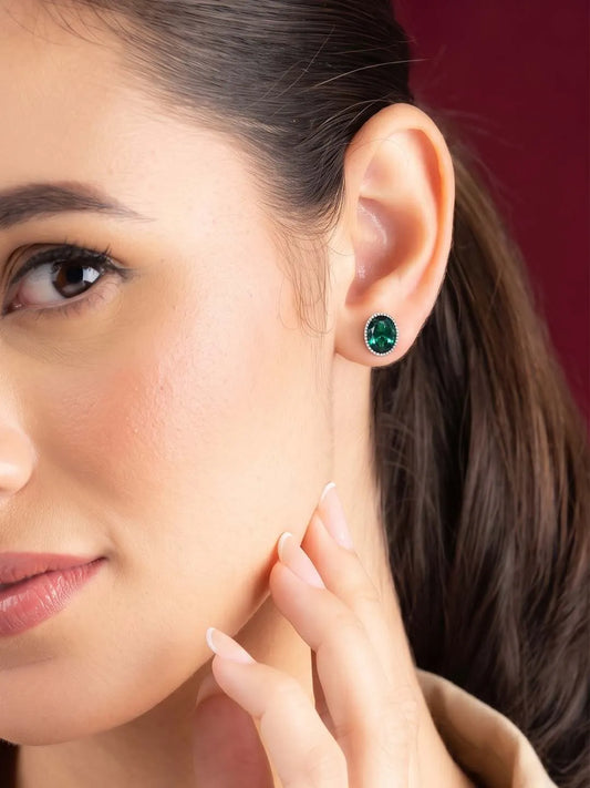 Peora Oval Emerald Stud Earrings - Silver
