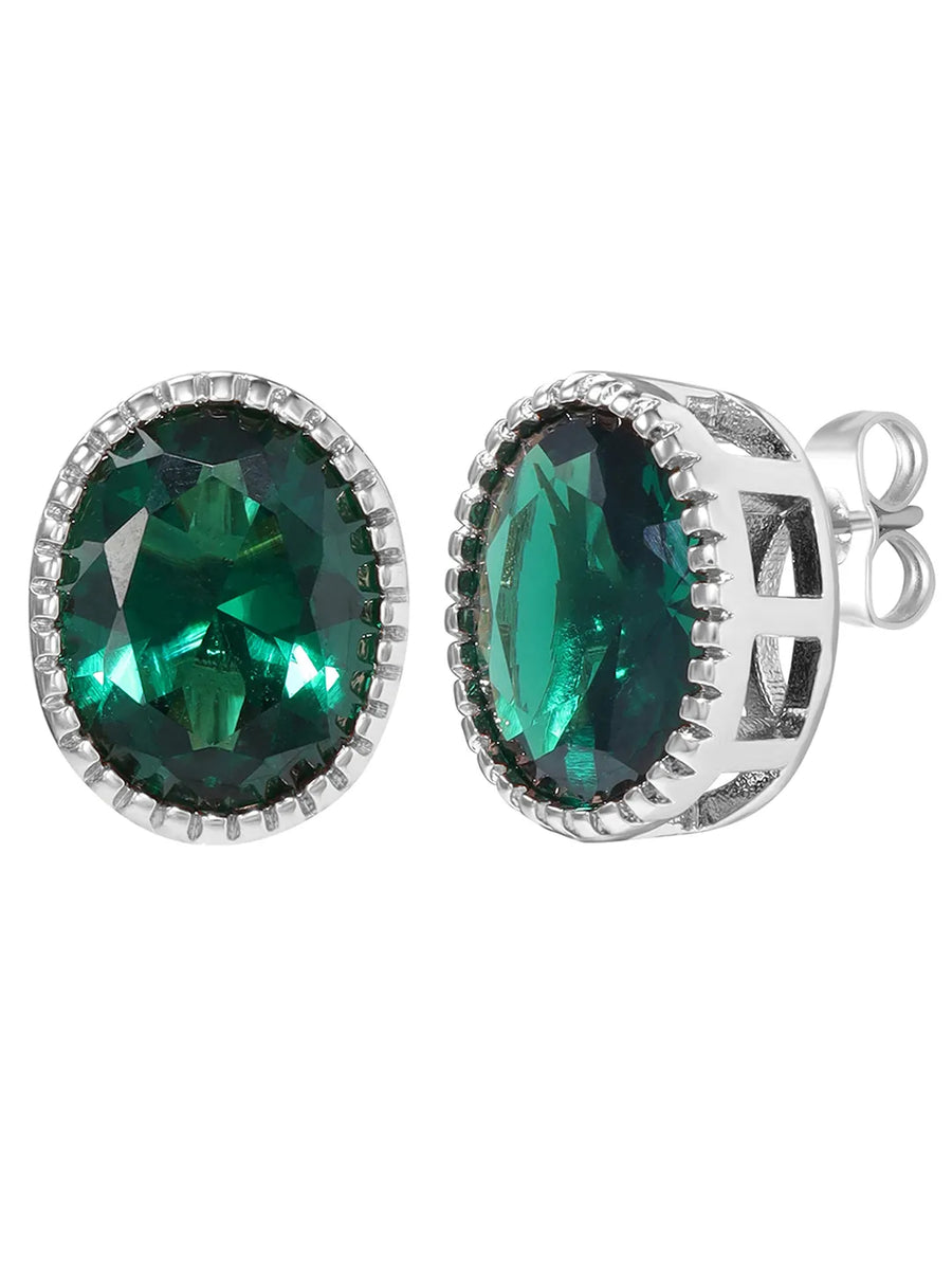 Peora Oval Emerald Stud Earrings - Silver