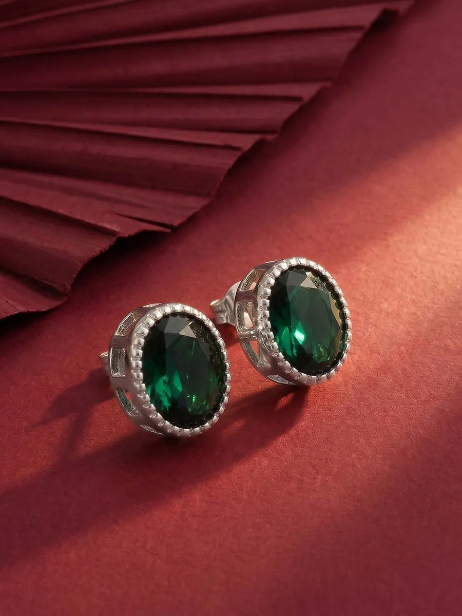 Peora Oval Emerald Stud Earrings - Silver
