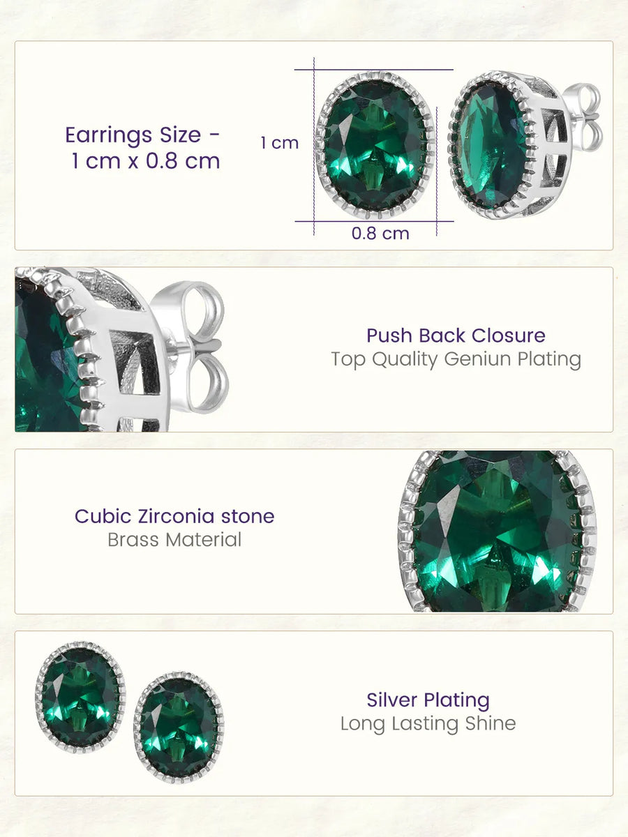 Peora Oval Emerald Stud Earrings - Silver