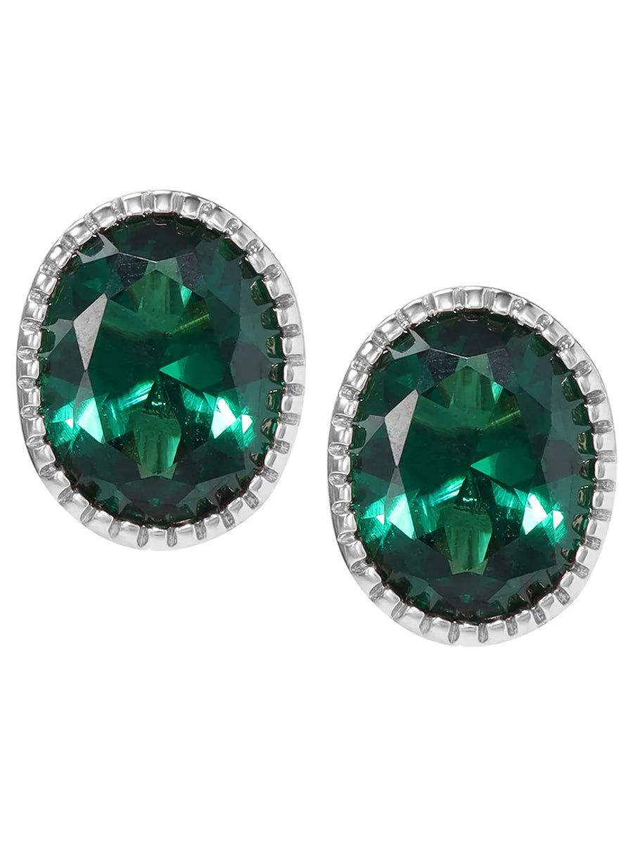 Peora Oval Emerald Stud Earrings - Silver