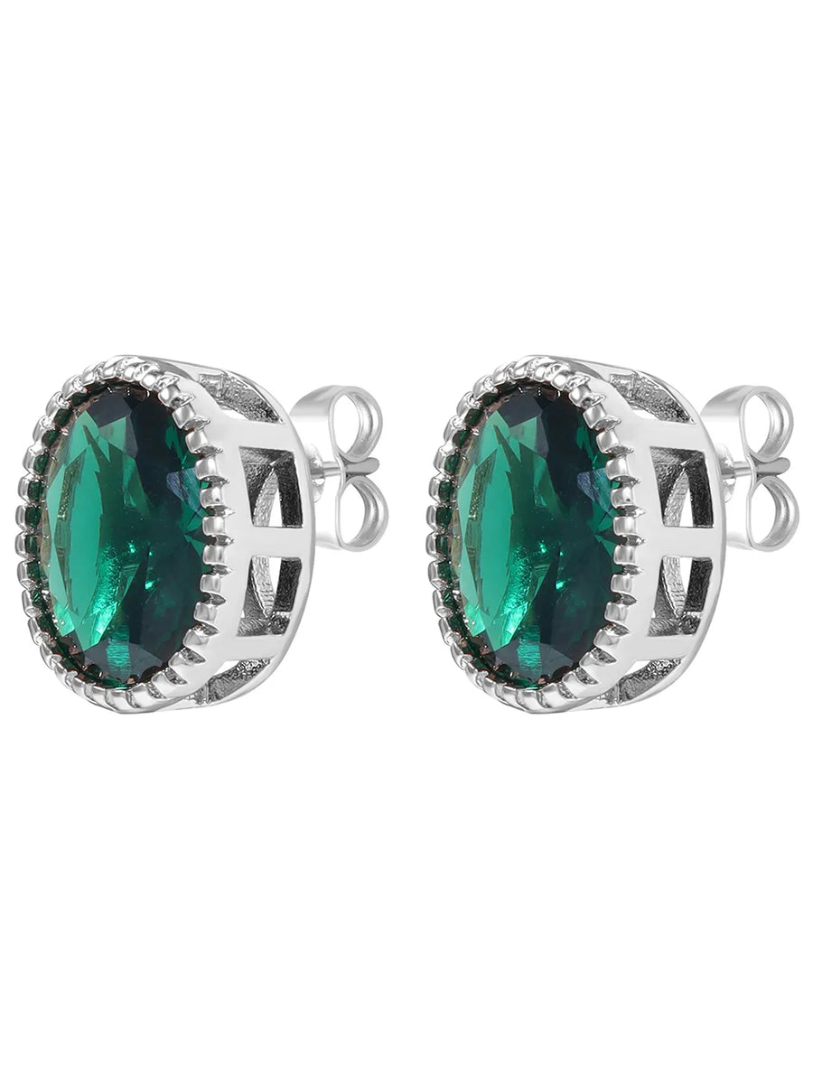 Peora Oval Emerald Stud Earrings - Silver