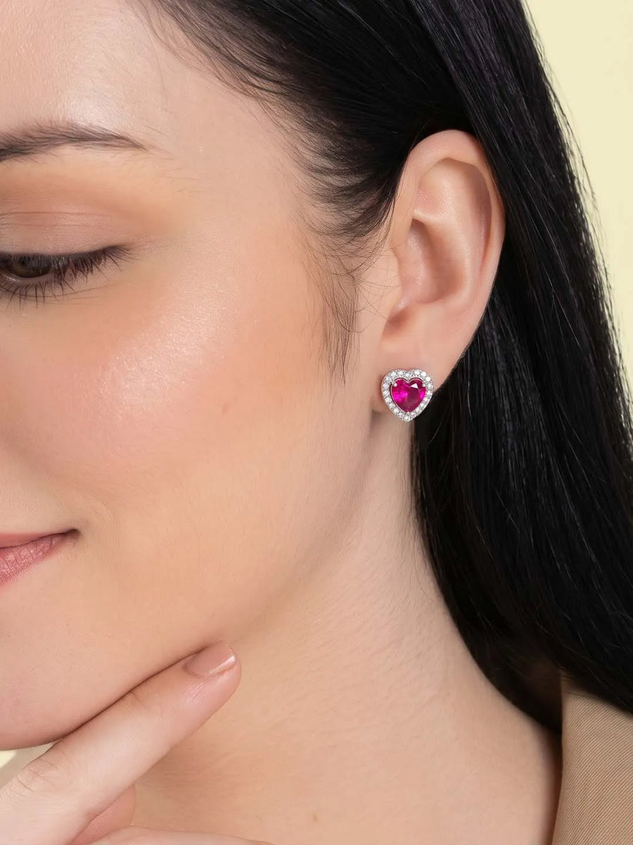 Peora Heart Ruby Stud Earrings - Silver