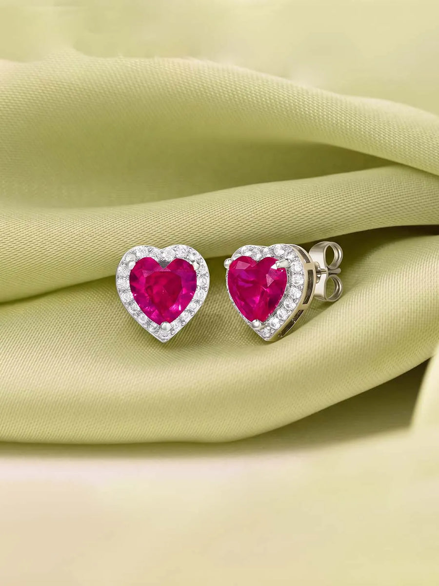Peora Heart Ruby Stud Earrings - Silver