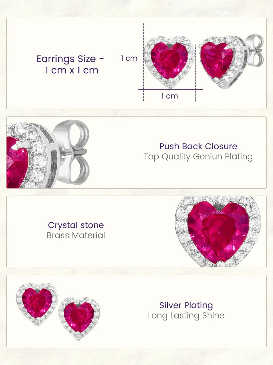 Peora Heart Ruby Stud Earrings - Silver