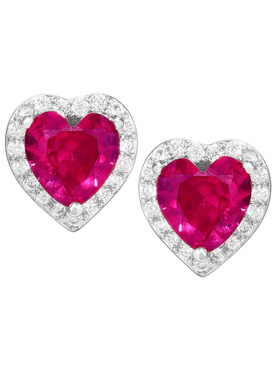 Peora Heart Ruby Stud Earrings - Silver