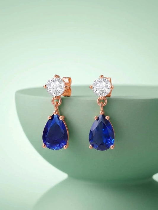 Peora Pear Blue Stone Earrings - Rose Gold