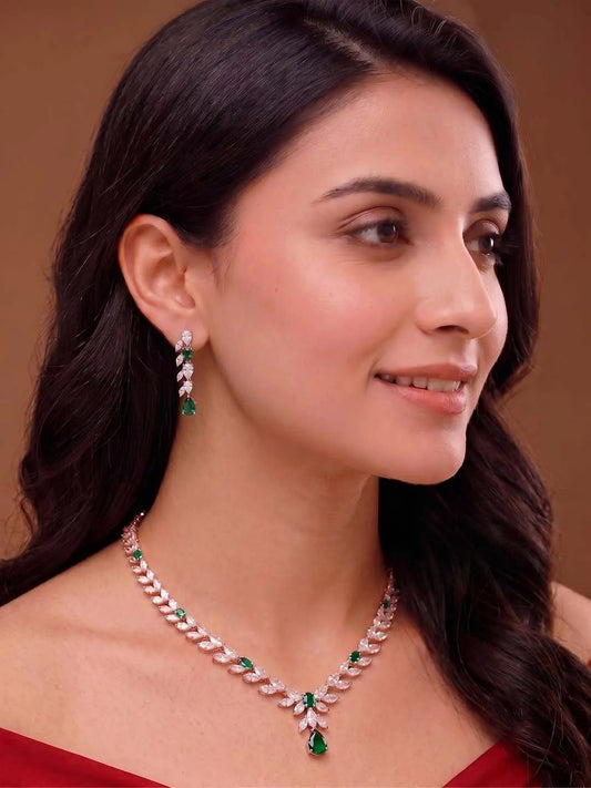 Peora Leaf Emerald Necklace Set - Rose Gold