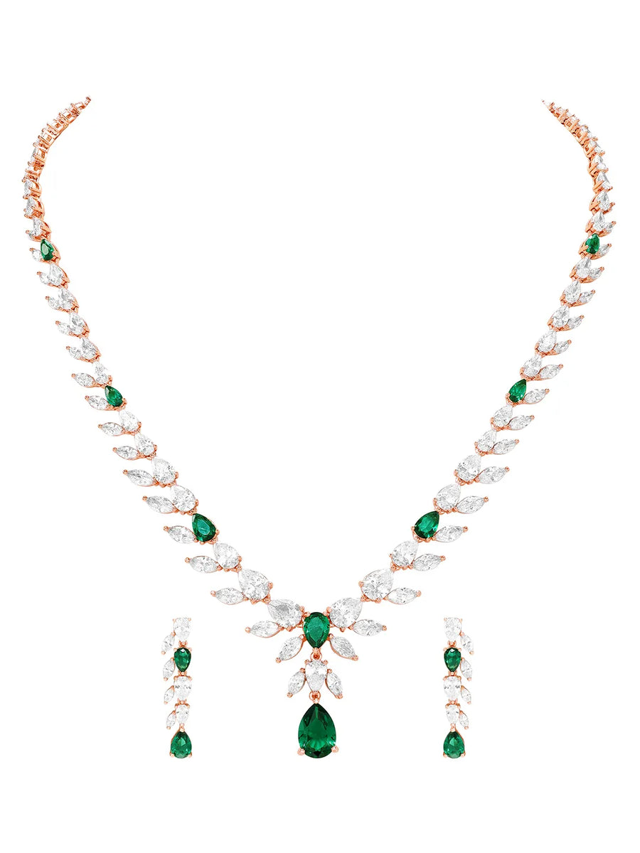 Peora Leaf Emerald Necklace Set - Rose Gold