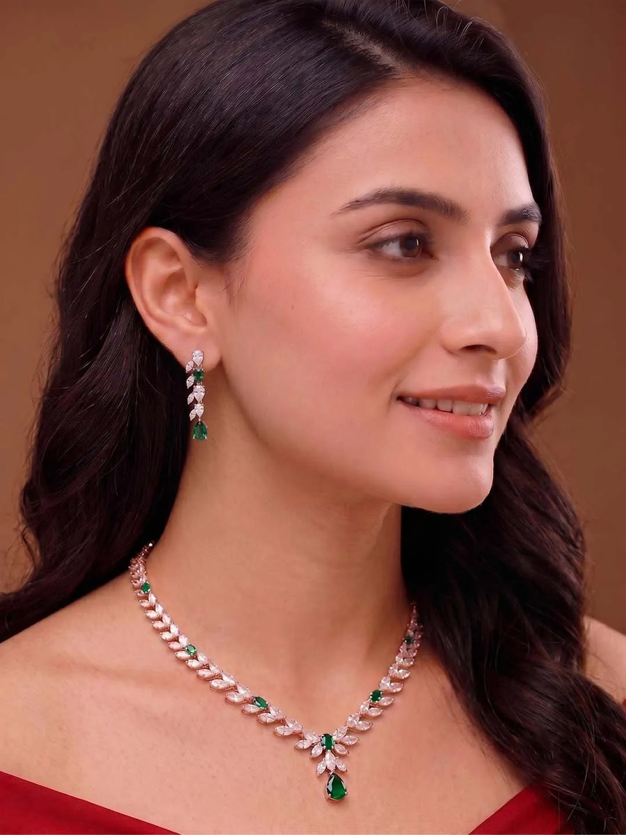 Peora Leaf Emerald Necklace Set - Rose Gold