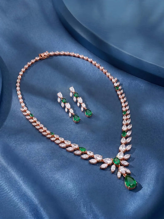 Peora Leaf Emerald Necklace Set - Rose Gold