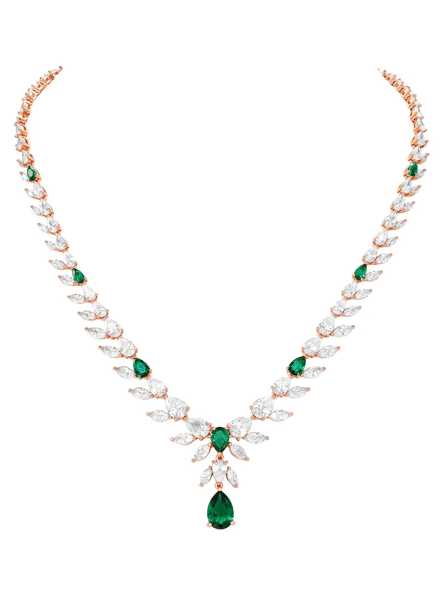 Peora Leaf Emerald Necklace Set - Rose Gold