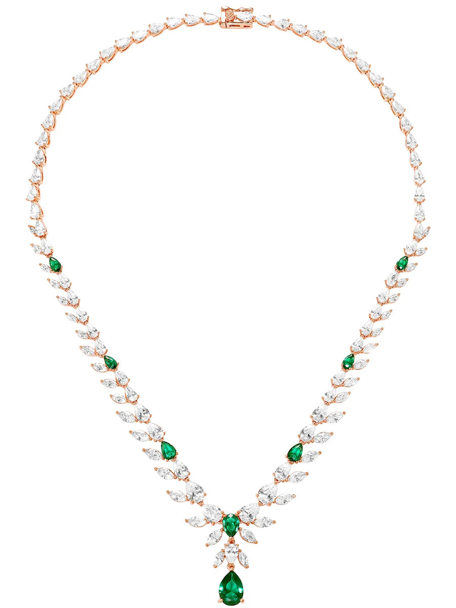 Peora Leaf Emerald Necklace Set - Rose Gold