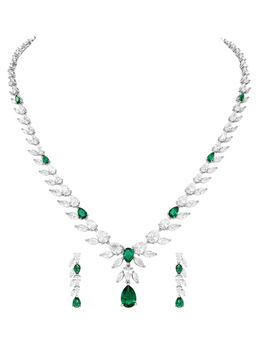 Peora Leaf Emerald Necklace Set - Silver
