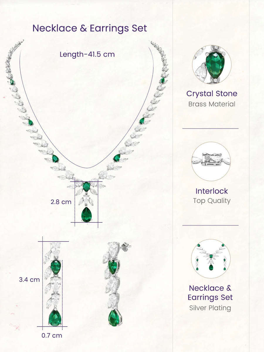 Peora Leaf Emerald Necklace Set - Silver