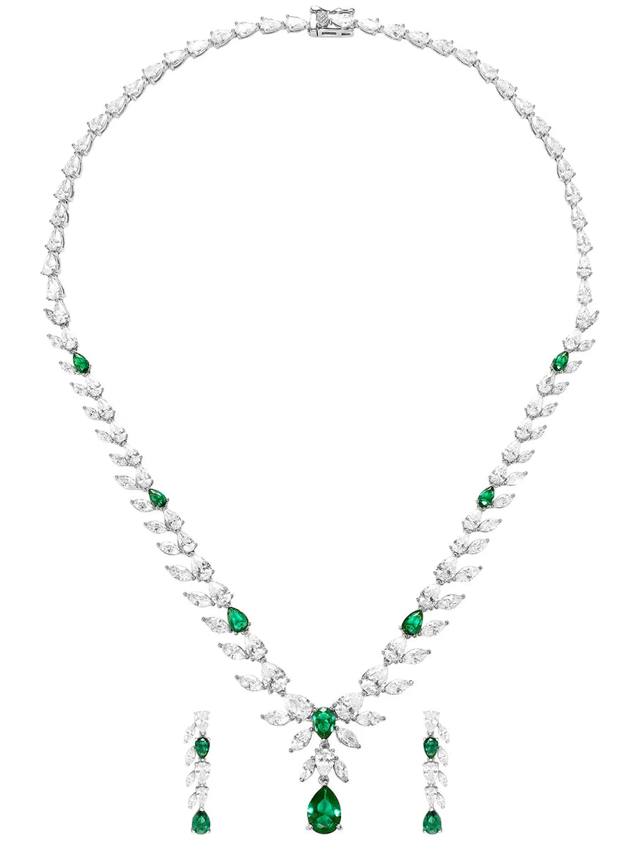 Peora Leaf Emerald Necklace Set - Silver