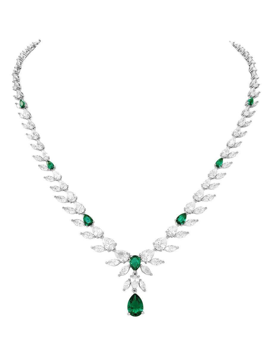 Peora Leaf Emerald Necklace Set - Silver