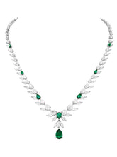 Peora Leaf Emerald Necklace Set - Silver