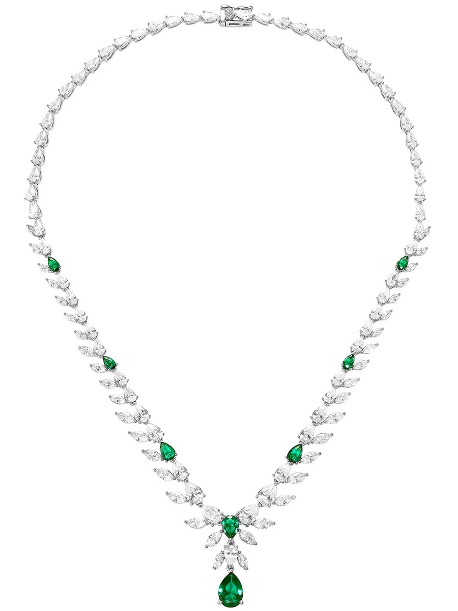 Peora Leaf Emerald Necklace Set - Silver