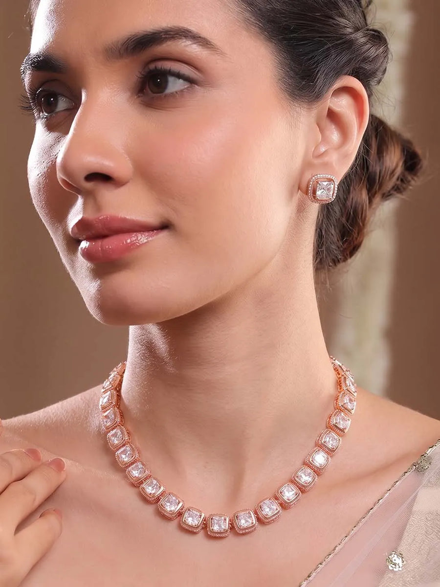 Peora Crystal Tennis Necklace Set - Rose Gold