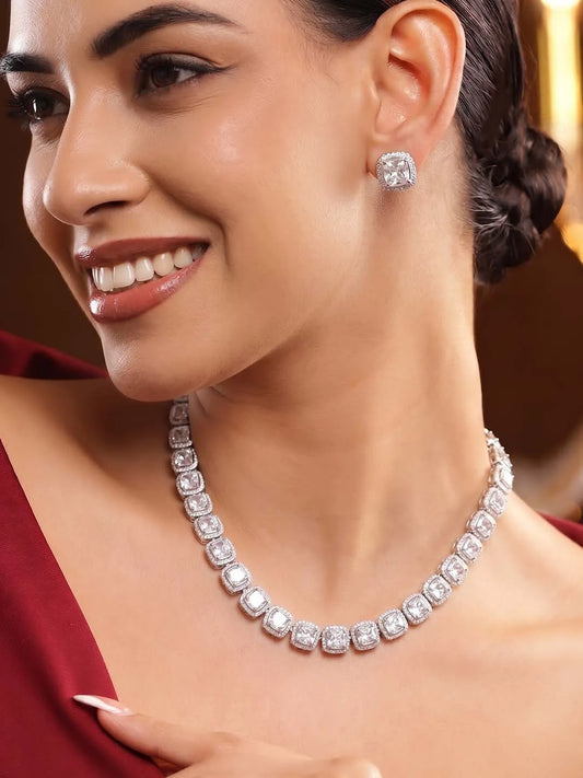 Peora Crystal Tennis Necklace Set - Silver
